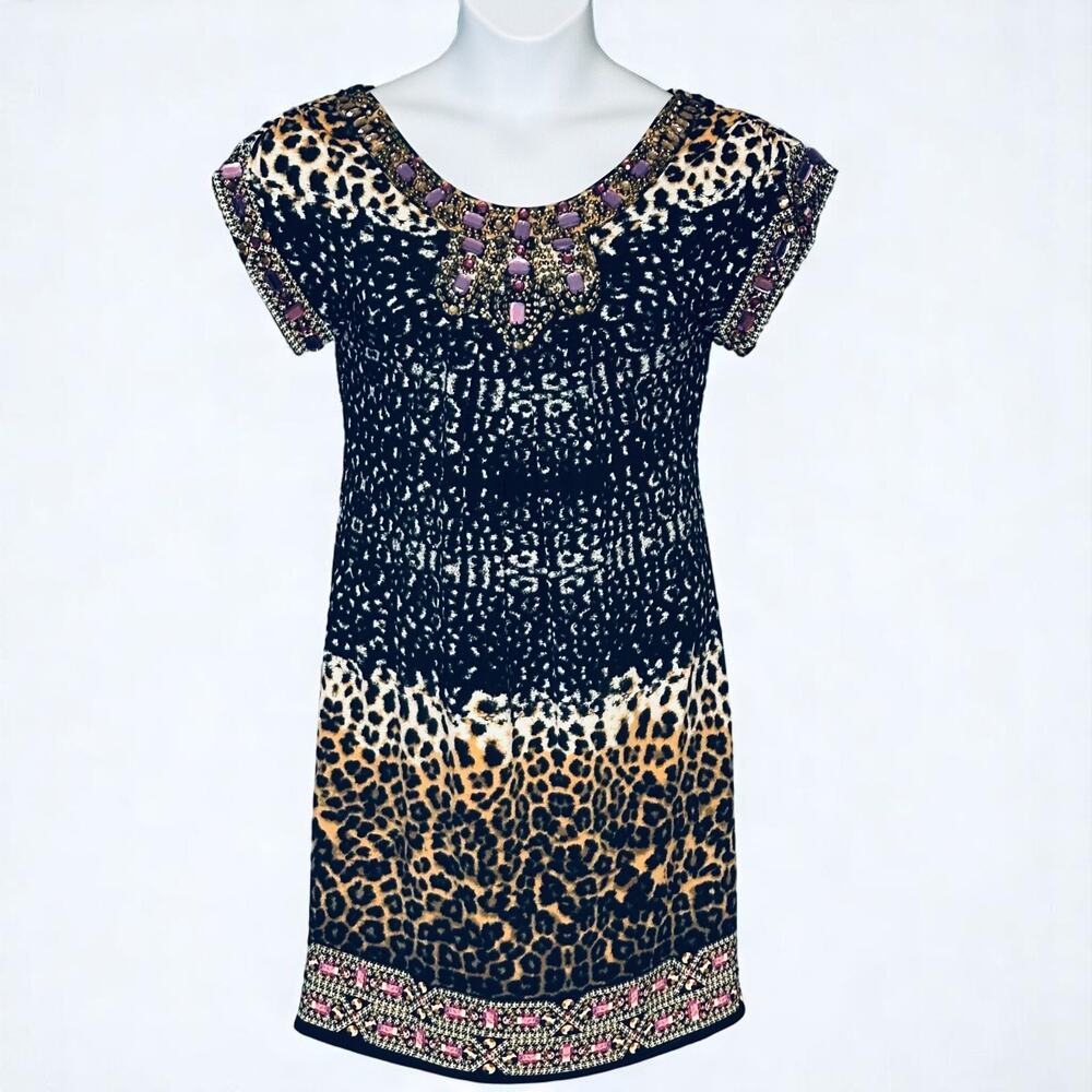 ECI New York Beaded Cocktail Dress Brown Animal Print Purple Scoop Neck Size 6